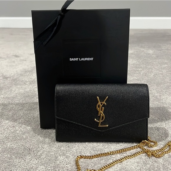 YSL UPTOWN CHAIN WALLET GRAIN DE POUDRE EMBOSSED LEATHER NWT box and dust bag - Picture 2 of 7